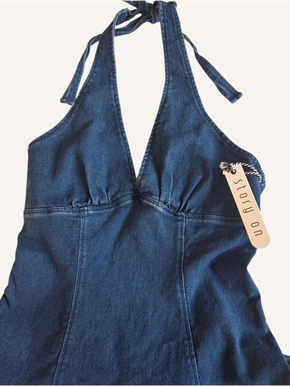 Denim Halter Ruffle Mini Dress Small Dark Wash Story On Coastal Cowgirl NWT - Picture 7 of 10